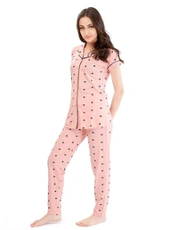 Lotik Women's Cotton Pink & Rani  Heart Print Front-Open Nightsuit Set - S, Pink, Cotton, Multipack of1